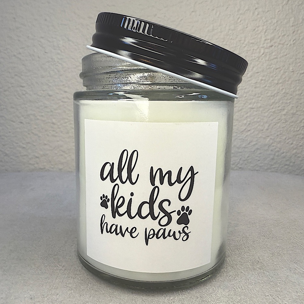 Glass Candle ‘Peony Petals’ — “All My Kids Have Paws”, 8oz, Overjoyed Boutique